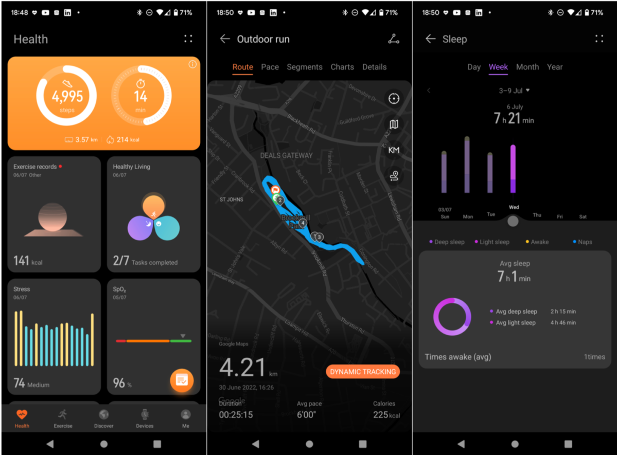 Скриншоты приложения Huawei Health для Android, отображающие пробежку, счетчик шагов и данные анализа сна